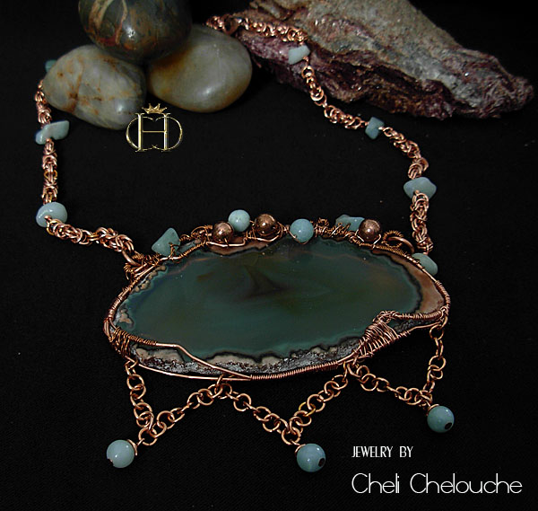 agate browngreen sliced with aventurine copper necklace